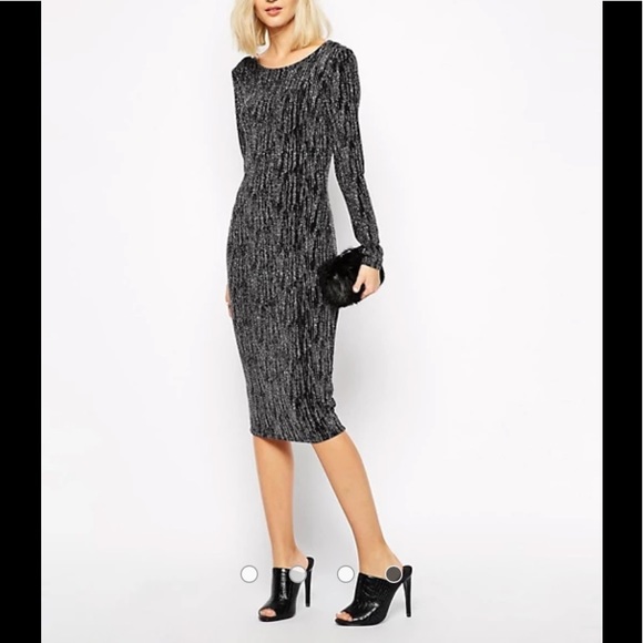 River island long sleeve silver glitter midi dress